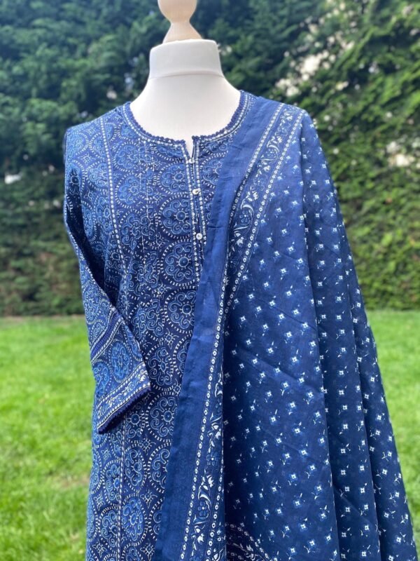 Blue Kurta Set-Pure Cotton Block Print Ethnic Indian Women's Suit-Panelled-Pocket-Casual-Occasional - Image 5