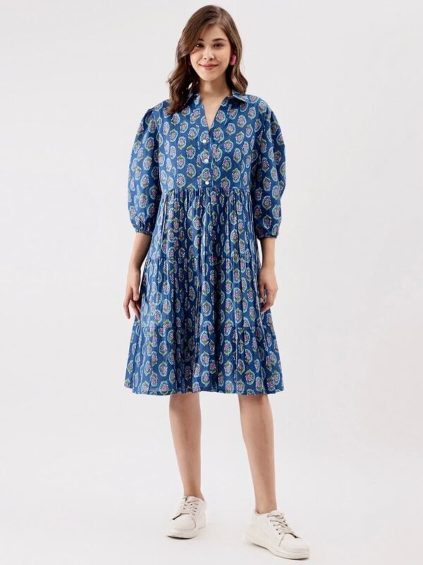 Tiered Dress Blue Pink Floral Block print Collar Gathered sleeve Summer Dress