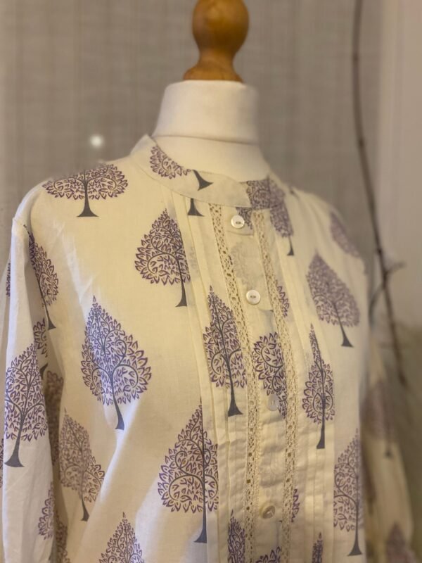 Pure Cotton Tunic Hand Block Print Indian Kurti Top-Off White Lilac Print