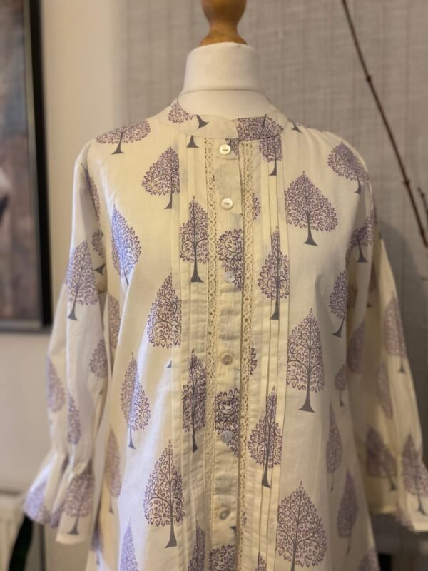 Pure Cotton Tunic Hand Block Print Indian Kurti Top-Off White Lilac Print - Image 4