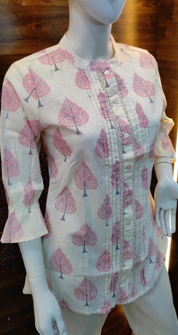 Pure Cotton Tunic Hand Block Print Indian Kurti Top-Off White Pink Summer Blouse - Image 7