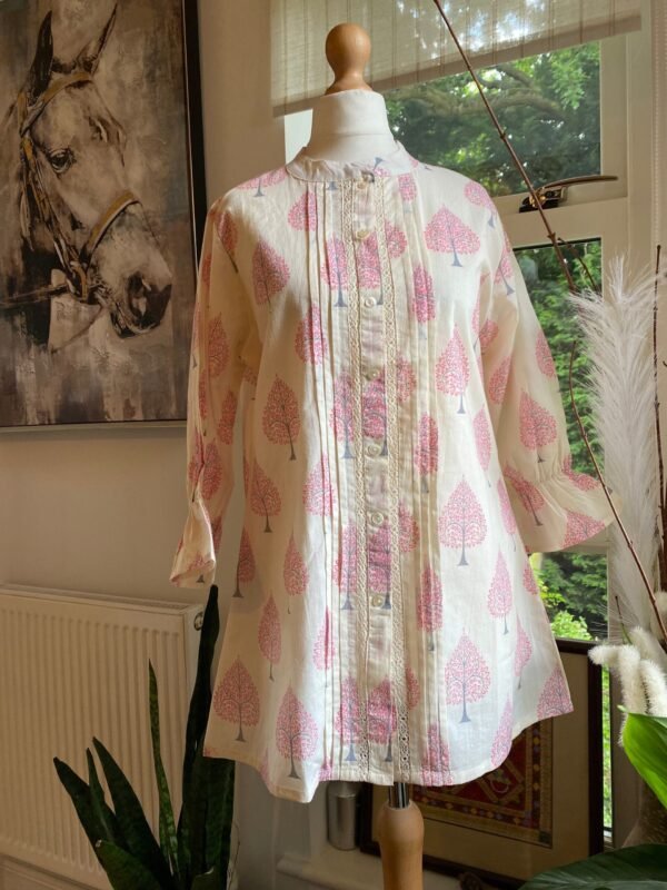 Pure Cotton Tunic Hand Block Print Indian Kurti Top-Off White Pink Summer Blouse - Image 3