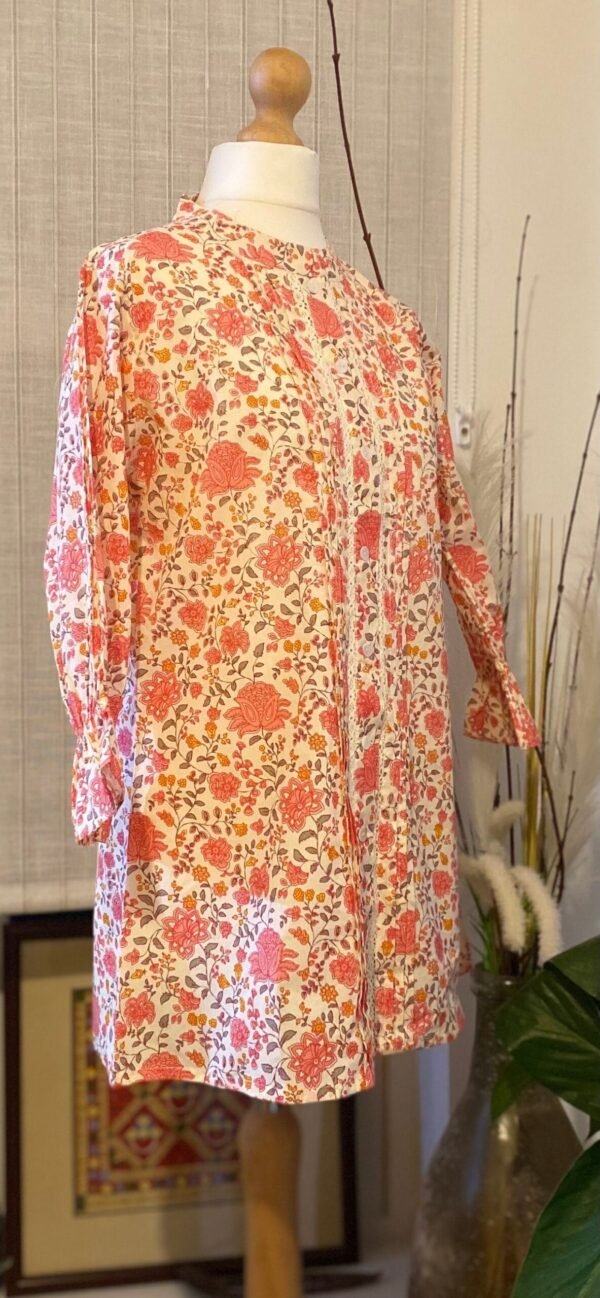 Coral Floral Spring Summer Blouse-100% Cotton Stand Collar Tunic Top - Image 4