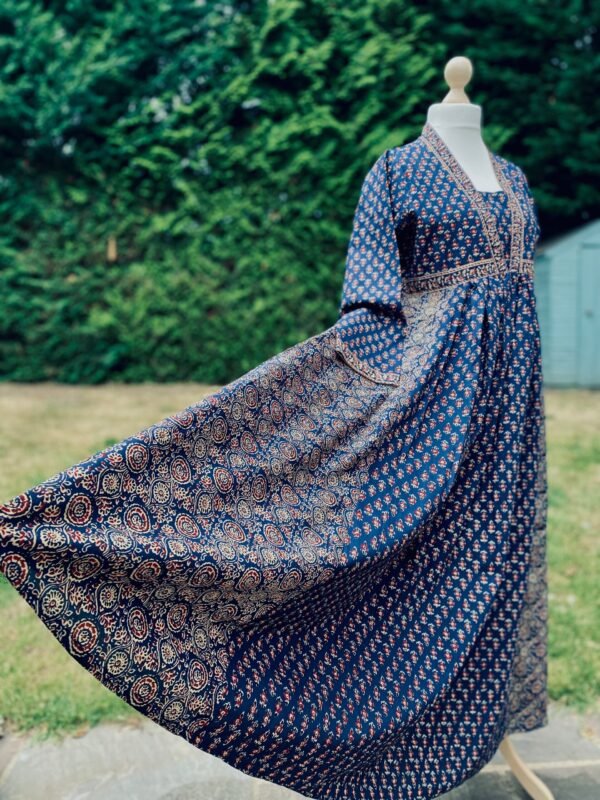 Indigo Hand Block Print Maxi Dress-Pure Cotton Floral Mix & Match Print Vintage Style Yoke