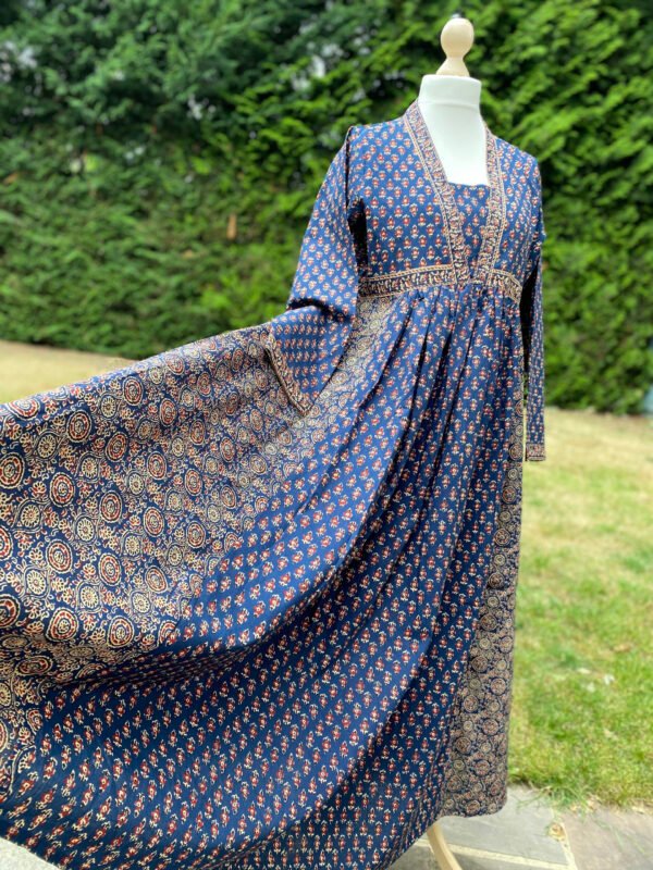 Indigo Hand Block Print Maxi Dress-Pure Cotton Floral Mix & Match Print Vintage Style Yoke - Image 6