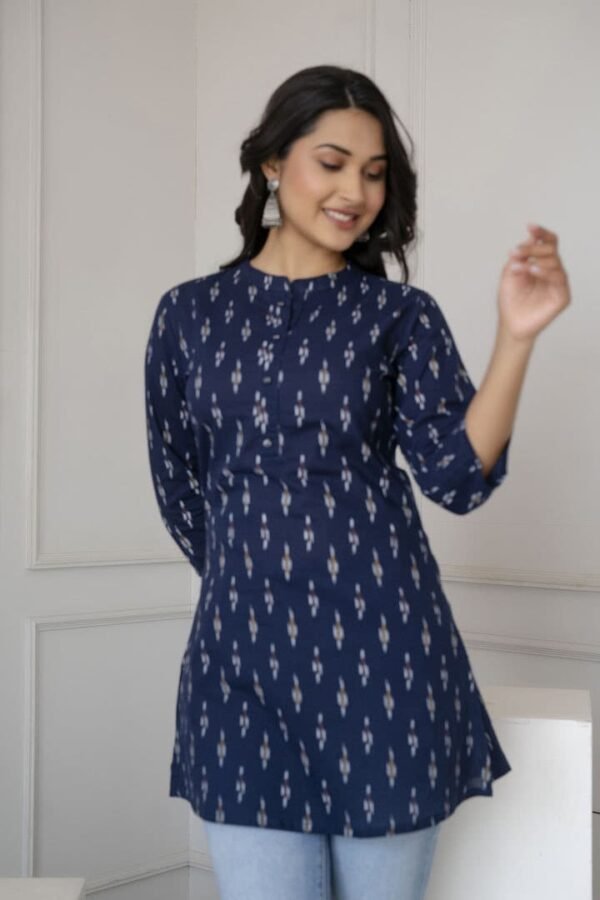 Ikat Print Tunic Kurti  Navy blue Pure Cotton  Ethnic Indian Tunic-Sustainable fashion - Image 5