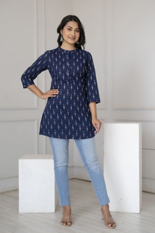 Ikat Print Tunic Kurti  Navy blue Pure Cotton  Ethnic Indian Tunic-Sustainable fashion - Image 2