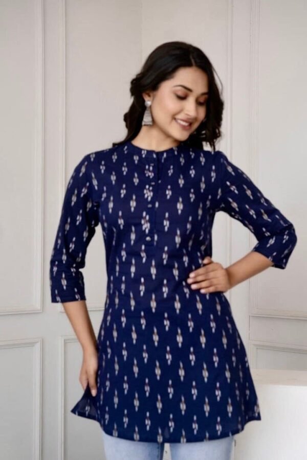 Ikat Print Tunic Kurti  Navy blue Pure Cotton  Ethnic Indian Tunic-Sustainable fashion