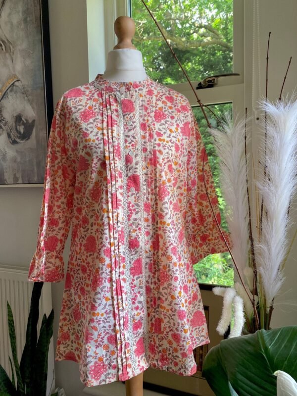 Coral Floral Spring Summer Blouse-100% Cotton Stand Collar Tunic Top - Image 5