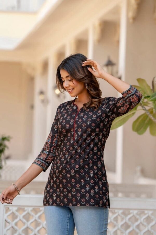 Pure Cotton Tunic-Hand Block Print Black Red Ethnic Indian Kurta Top - Image 5