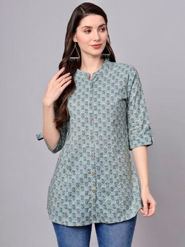 Green Hand Block Printed Tunic Top in Pure Cotton - Image 4