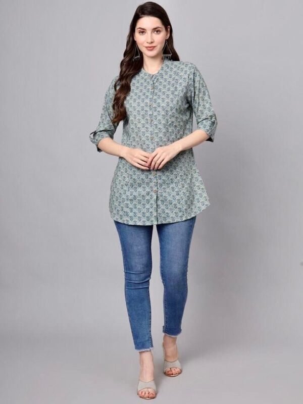 Green Hand Block Printed Tunic Top in Pure Cotton - Image 3