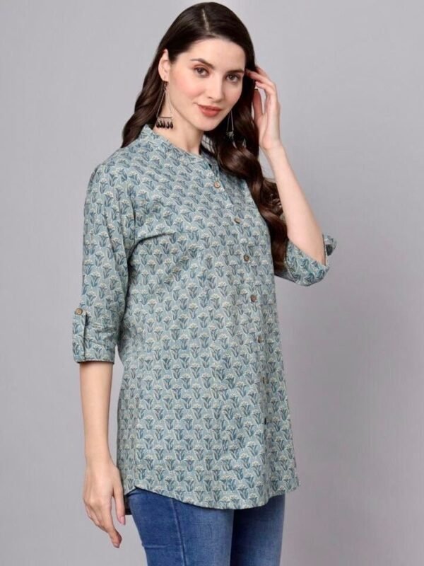 Green Hand Block Printed Tunic Top in Pure Cotton - Image 7