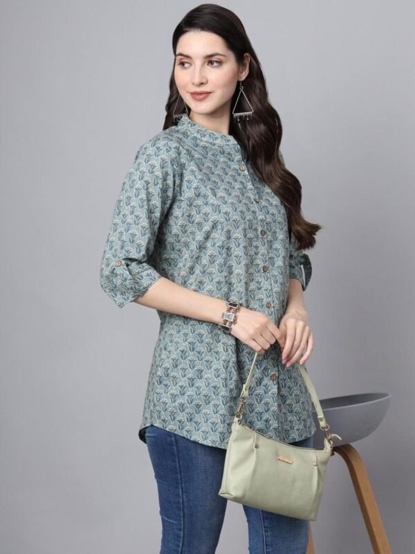 Green Hand Block Printed Tunic Top in Pure Cotton