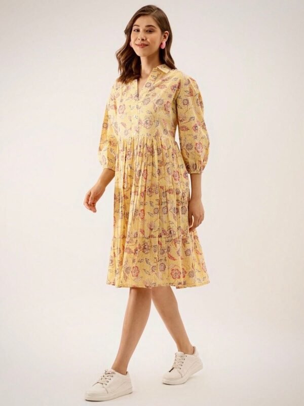 Tiered Sunshine Midi Dress Pure Cotton Pink Floral Print Summer Dress-Sustainable Casual Holiday - Image 4