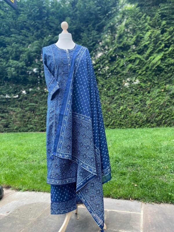 Blue Kurta Set-Pure Cotton Block Print Ethnic Indian Women's Suit-Panelled-Pocket-Casual-Occasional - Image 4