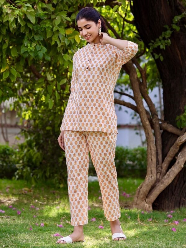 Tunic Pyjama Set Organic Soft Cotton Floral Block Print Summer Loungewear - Image 2