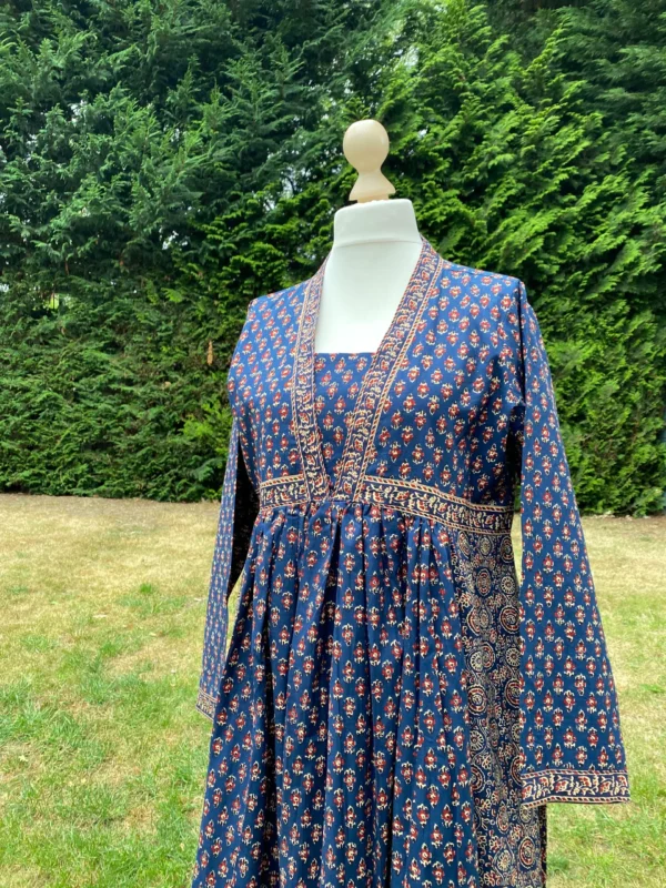 Indigo Hand Block Print Maxi Dress-Pure Cotton Floral Mix & Match Print Vintage Style Yoke - Image 2