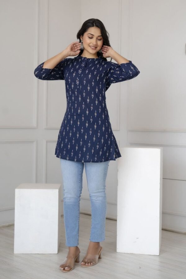 Ikat Print Tunic Kurti  Navy blue Pure Cotton  Ethnic Indian Tunic-Sustainable fashion - Image 4