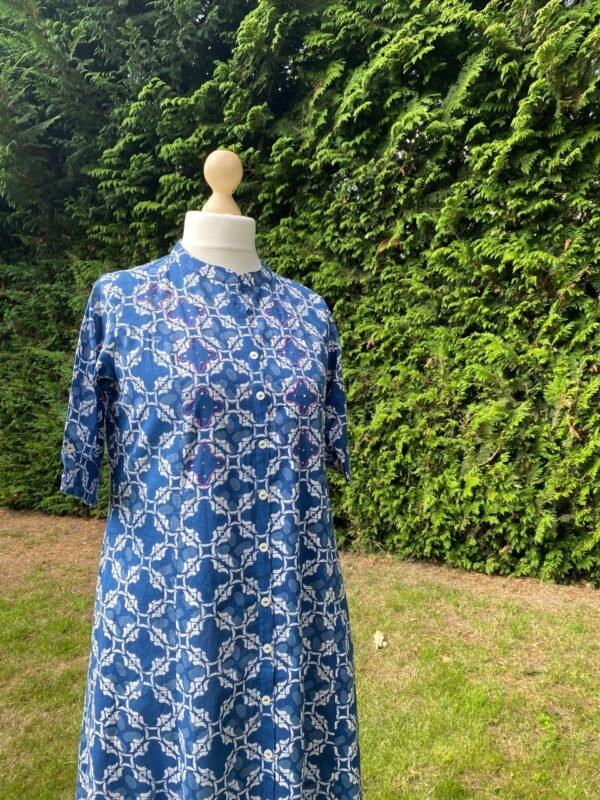 A-Line Kurta Indigo Blue Panelled Long Tunic Pure Cotton Block Print With Pocket - Image 3