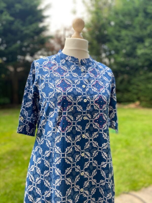 A-Line Kurta Indigo Blue Panelled Long Tunic Pure Cotton Block Print With Pocket - Image 10