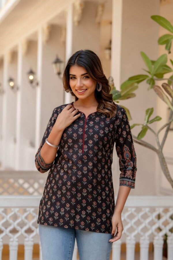 Pure Cotton Tunic-Hand Block Print Black Red Ethnic Indian Kurta Top - Image 6