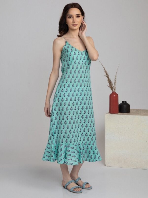 Slip Dress Hand Block Print Pure Cotton-Teal Green