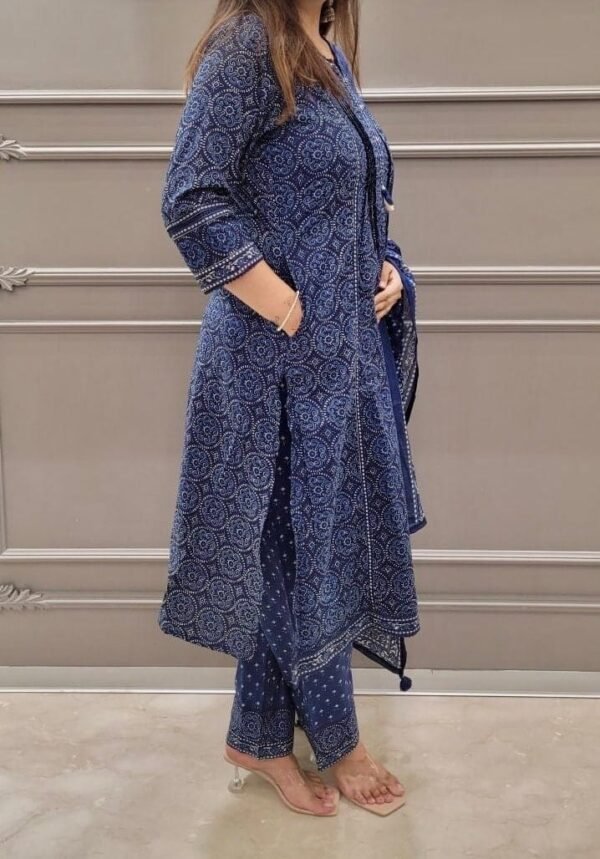 Blue Kurta Set-Pure Cotton Block Print Ethnic Indian Women's Suit-Panelled-Pocket-Casual-Occasional