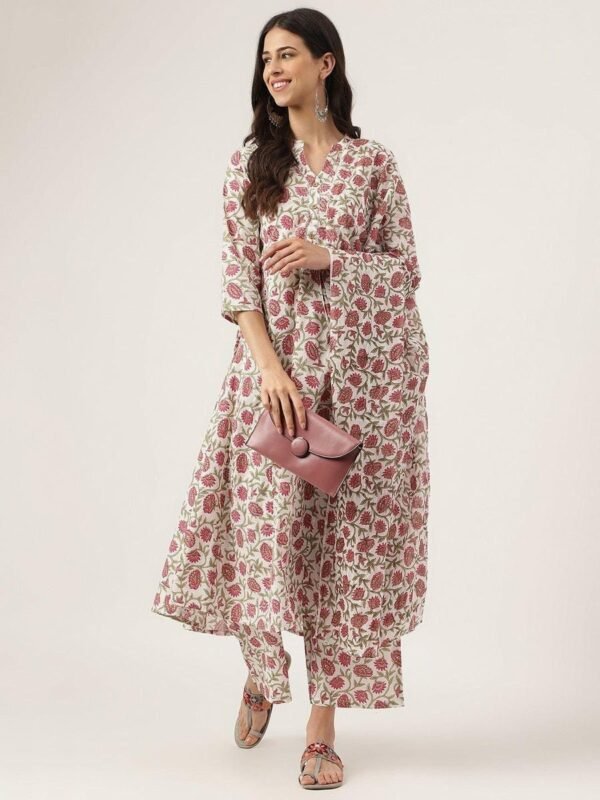 Anarkali Kurta Set In Floral Hand Block Print-Pure Cotton Pink White-Indian ethnic women's suit-Panelled dress