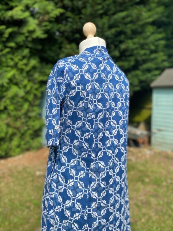 A-Line Kurta Indigo Blue Panelled Long Tunic Pure Cotton Block Print With Pocket - Image 5