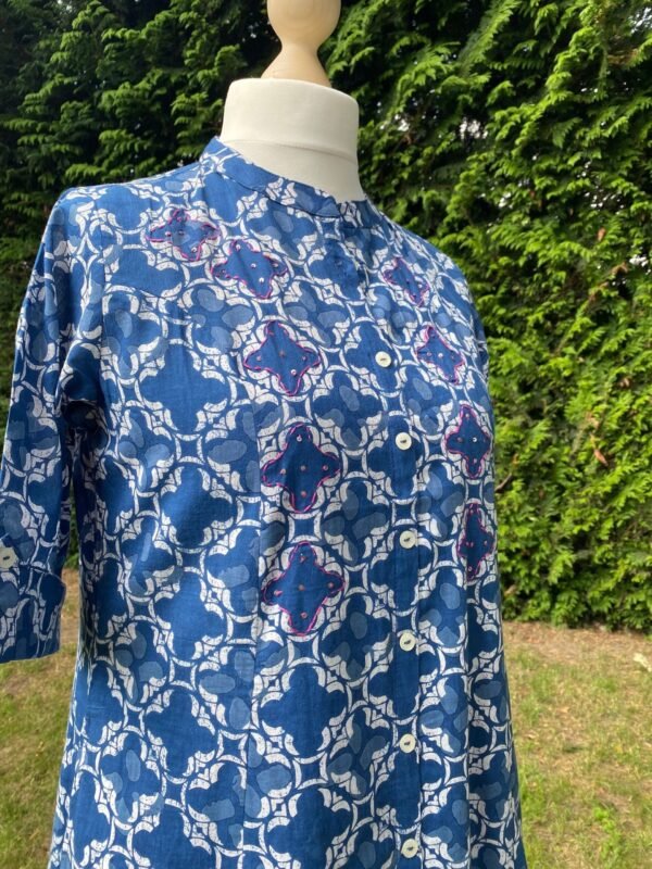 A-Line Kurta Indigo Blue Panelled Long Tunic Pure Cotton Block Print With Pocket