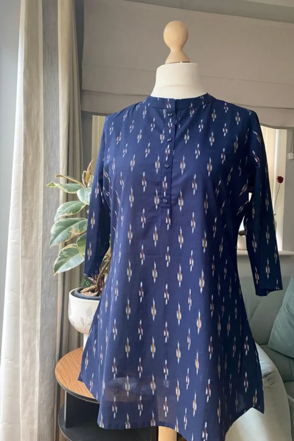 Ikat Print Tunic Kurti  Navy blue Pure Cotton  Ethnic Indian Tunic-Sustainable fashion