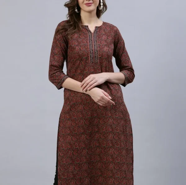 Straight Kurta-Pure Cotton Hand Block Print-Maroon Black Indian Long Tunic-Bohemian Women's Tunic - Image 3