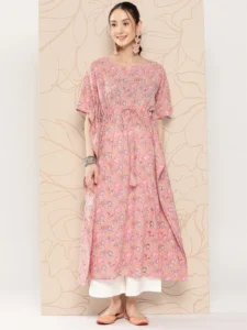Floral Pink Kaftan Summer Long dress Lightweight Pure Cotton Free Size