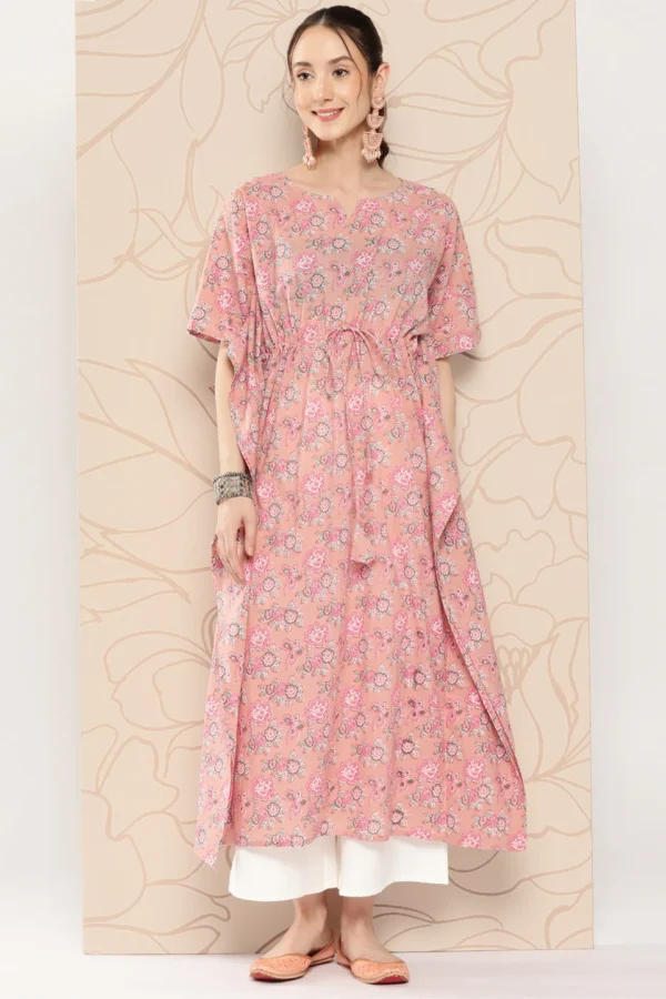 Floral Pink Kaftan Summer Long dress Lightweight Pure Cotton Free Size