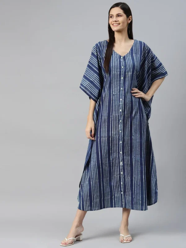 Kaftan Indigo Blue Striped Hand Block Print Summer Long dress Pure Cotton Free Size Loungewear Resort Holiday Dress Beach Cover Sustainable - Image 2