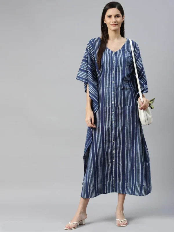 Kaftan Indigo Blue Striped Hand Block Print Summer Long dress Pure Cotton Free Size Loungewear Resort Holiday Dress Beach Cover Sustainable - Image 6