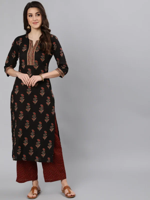 Pure Cotton Kurta-Hand Block Print Black Maroon Traditional Floral Indian Long Tunic-Bohemian Women's Tunic - Image 2