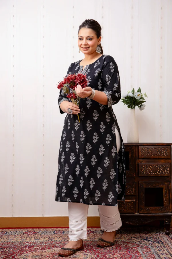 Black Pure Cotton Kurta-Hand Block Print Traditional Floral Indian Long Tunic-Bohemian Women's Tunic - Image 2