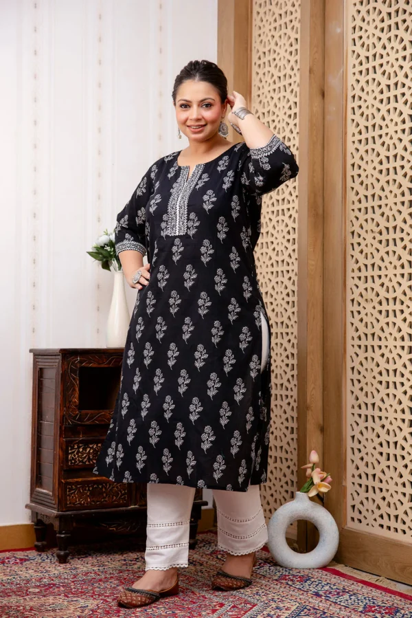 Black Pure Cotton Kurta-Hand Block Print Traditional Floral Indian Long Tunic-Bohemian Women's Tunic