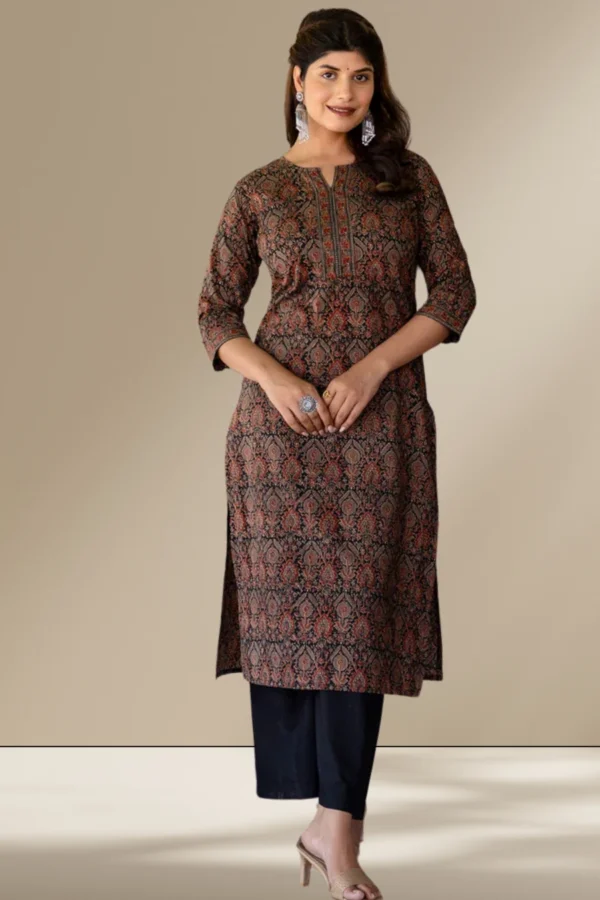 Straight Kurta Pure Cotton Hand Block Print Black Maroon Indian Long Tunic-Bohemian Women's Tunic