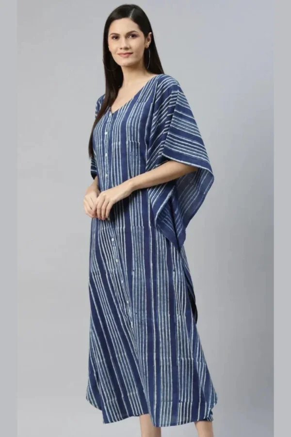 Pure Cotton Indigo Blue Kaftan- Striped Hand Block Print - Summer Long dress-Free Size