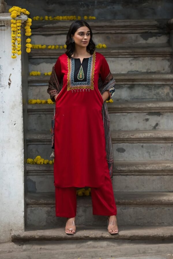 Red Ajrakh Print Straight Kurta Set-Gajji Silk-Ethnic Indian women's suit - Image 2