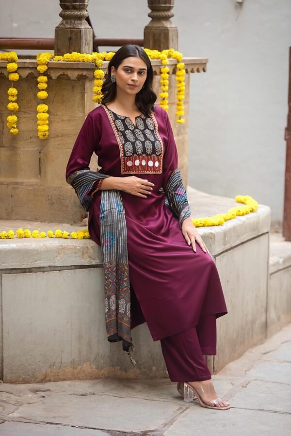 Ajrakh Print Straight Kurta Set-Gajji Silk-Ethnic Indian women's suit - Image 3