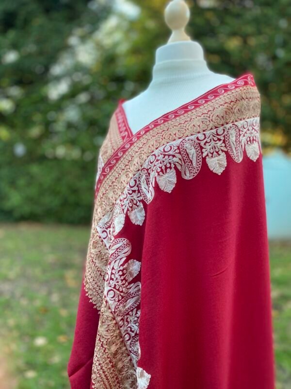 Wool Silk Shawl Embroidered Red Lightweight Stole