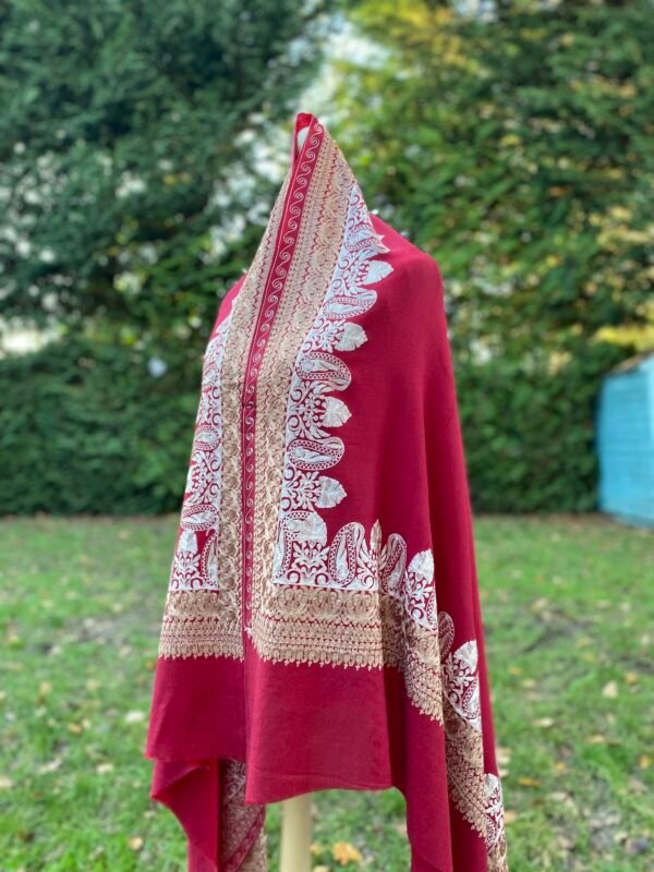 Wool Silk Shawl Embroidered Red Lightweight Stole - Image 4