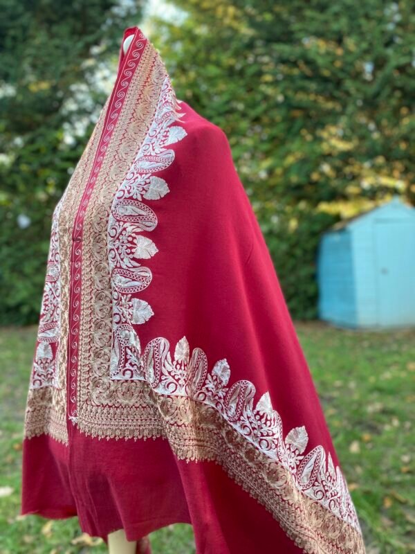 Wool Silk Shawl Embroidered Red Lightweight Stole - Image 2