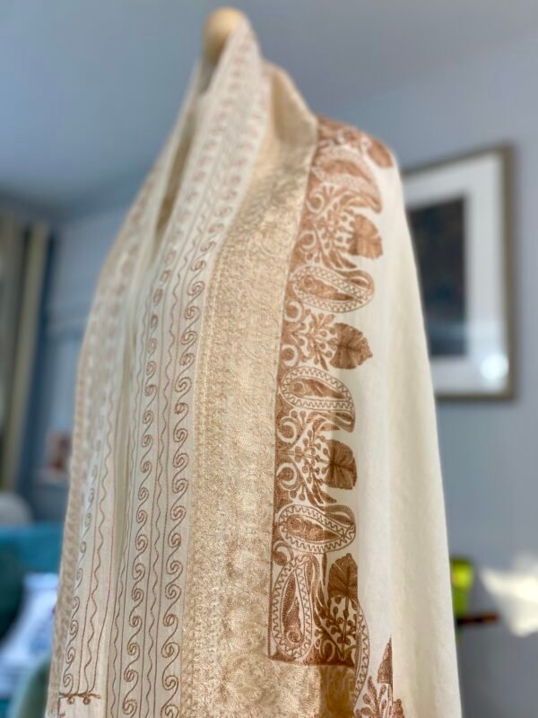 Wool Silk Shawl Embroidered Creamy White Lightweight Stole