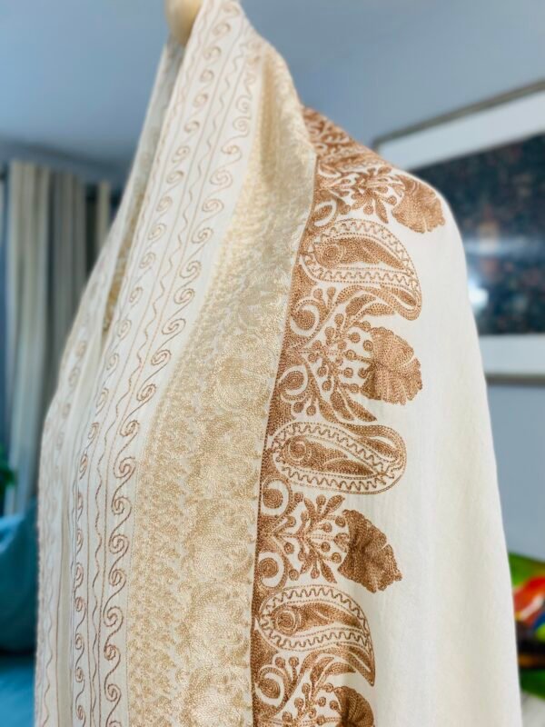 Wool Silk Shawl Embroidered Creamy White Lightweight Stole - Image 5