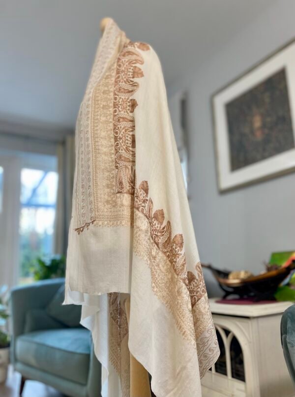 Wool Silk Shawl Embroidered Creamy White Lightweight Stole - Image 4